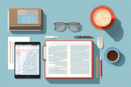 Bright study area showcases an organized online education setup with notes, a tablet, coffee, and glasses, inviting focused learning and productivity.の素材