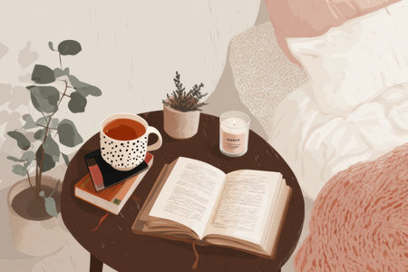 A soothing morning begins with tea, a candle, and a book on a cozy table, surrounded by greenery for a serene start.の素材