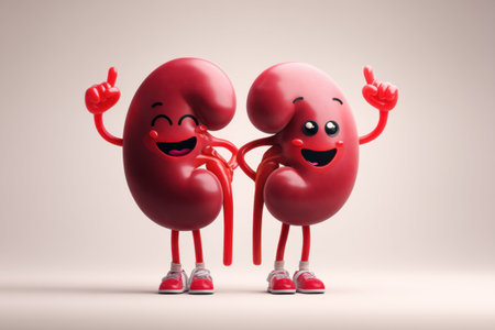 Two animated kidneys with smiling faces and flexed arms create a fun atmosphere, encouraging viewers to appreciate their organ health and vitalityの素材