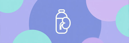 Visual focus on a kidney-shaped water bottle icon set against a bright minimalist pastel background, evoking hydration and wellness in design.の素材