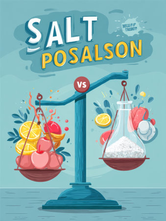 This infographic illustrates the balance of salt and potassium, highlighting the importance for kidney health with a visual representation of key elements.の素材
