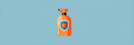 Colorful cleaner bottle with a shield and lock symbol emphasizes safe, effective household cleaning for peace of mind.の素材