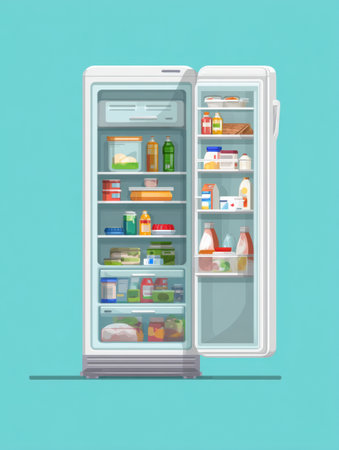 Open freezer displays neatly arranged food and drink items with clean labels and icons, illuminated by a bright center zone for enhanced visibility.の素材