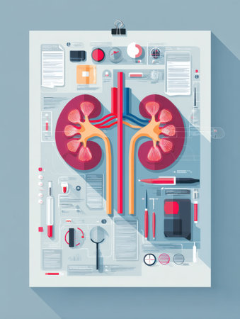Detailed poster illustrating various kidney disease risk factors, featuring bright colors and clear anatomical representation, set in an educational context.の素材