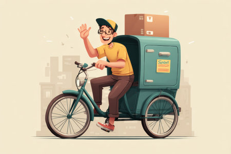 A cheerful courier waves from a cargo bike with a large delivery box, zipping through a lively urban area on a bright day, spreading positivity.の素材
