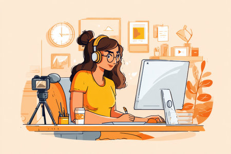 A digital content creator focuses on engaging content while sitting at a tidy desk equipped with a computer, camera, and other creative supplies.の素材