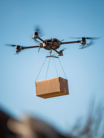 Drones enhance parcel delivery, lowering packages from above against a clear sky, showcasing modern logistics solutions.の素材