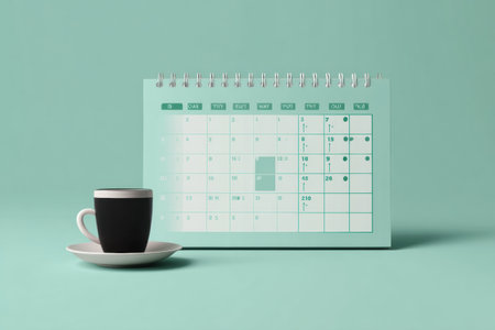 This calendar highlights specific caffeine-free days with a simple yet elegant design, complemented by a stylish black cup on a smooth surface.の素材