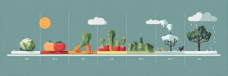 Flat design visualizes a timeline detailing the steps of harvest, freeze, and serve. It highlights seasonal produce changes, emphasizing agricultural cycles.の素材