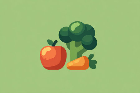 Colorful icons of an apple, carrot, and broccoli over a soft green background create an inviting visual for promoting healthy dietary choices.の素材