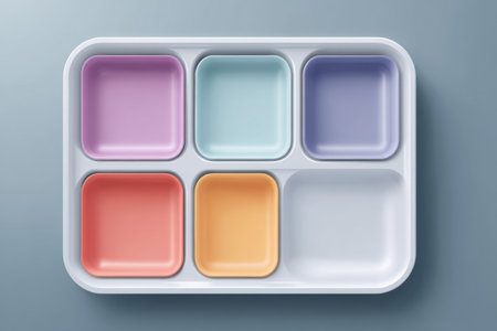 A visually appealing dinner frozen tray features six separate compartments in various pastel colors, designed for convenient meal presentation and serving.の素材