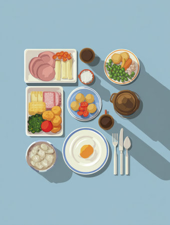A colorful family meal displays various frozen ingredients, including meats, vegetables, and sides, arranged neatly on a table ready for sharing at home.の素材
