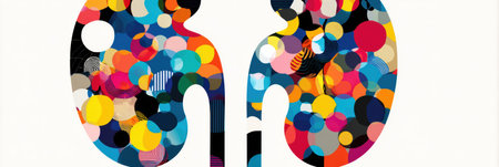A vibrant kidney shape is crafted from a variety of abstract colorful shapes. The upper part is open, enhancing its artistic appeal for health-related designs.の素材