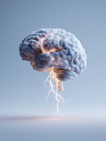 An animated brain sends out lightning bolts of inspiration, then fades to a calm state, showing the minds changing thoughts.の素材