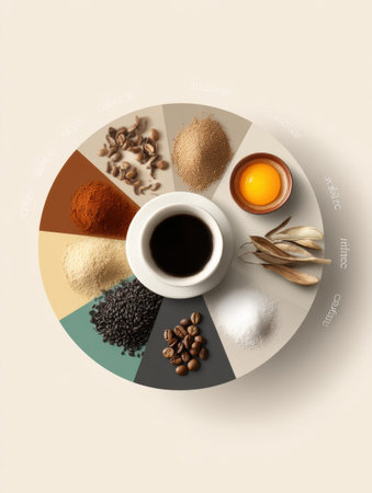 Exploring various sources of hidden caffeine, this infographic highlights different ingredients alongside a central cup, showcasing unique beverage flavorsの素材