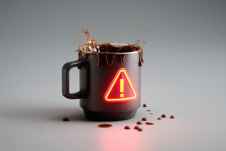 A coffee mug spills over with brown liquid, displaying warning lights and jitter lines that emphasize the chaotic nature of the overflowing coffee.の素材