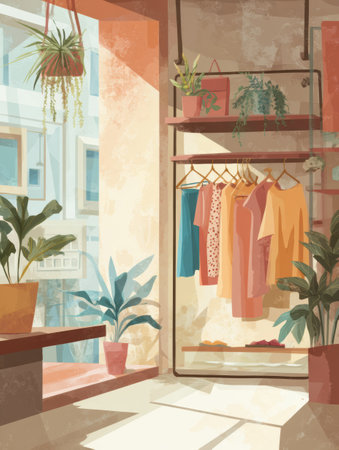 Stylish boutique fashion store showcases carefully arranged clothing on a rack, complemented by vibrant plants and natural light streaming through large windowsの素材