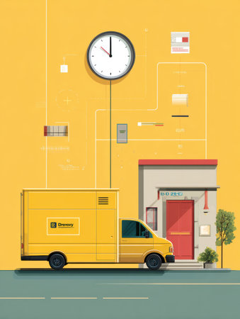 illustration showcases a delivery timeline highlighting the journey from online order to doorstep delivery, featuring a delivery truck and clock.の素材