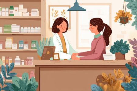 Pharmacist helps a customer in a warm and inviting pharmacy filled with plants and wellness products, fostering a sense of community and care.の素材