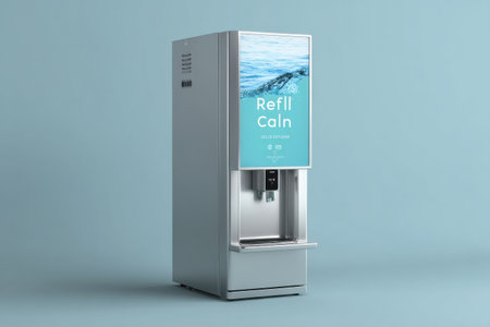 A sleek water dispenser stands against a soft blue backdrop with a reassuring refill calm banner, promoting hydration in a tranquil atmosphere.の素材