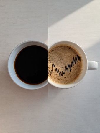 Visualizes the contrasting effects of coffee consumption, illustrating energy boost versus crash in a clear, concise manner on a soft margin chart.の素材