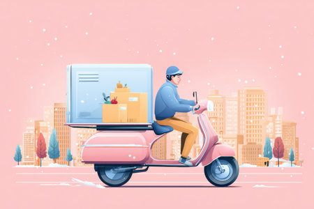 A delivery person rides a scooter loaded with frozen food items, navigating a pastel-colored winter urban environment with city skyscrapers in the background.の素材