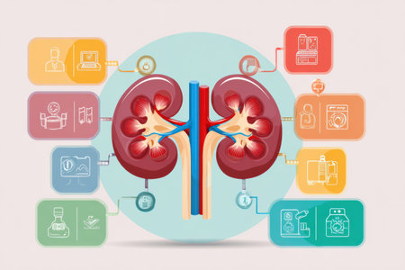Colorful depiction of kidney functions highlighting filtration, regulation of blood pressure, and waste elimination with related icons for easier understandingの素材