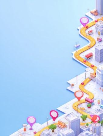 Food delivery route is illustrated with vibrant colors, featuring animated arrows and location points, designed for efficient navigation and delivery service.の素材