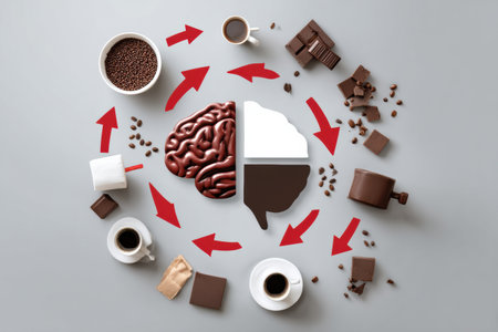 A brain icon is encircled by coffee, tea, and chocolate cups, with red arrows linking these drinks to mental alertness.の素材