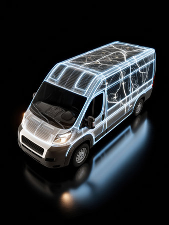 This 3D render features a delivery van with GPS route lines and illuminated lights, showing modern logistics technology.の素材