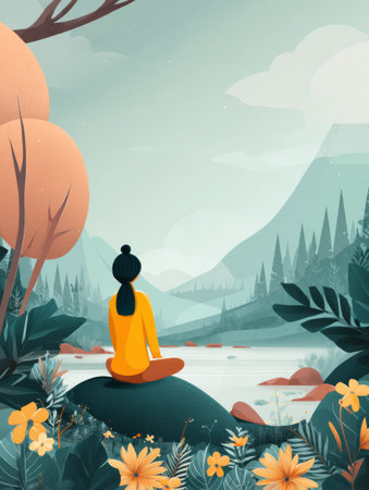 A person sits peacefully on a rock by a calm lake, enjoying a moment of connection with nature amidst colorful trees and lush plants under a soft sky.の素材