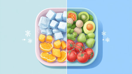 Infographic presents a clear comparison of nutritional value between frozen and fresh foods, aiding in informed dietary choices for optimal health.の素材