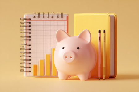 Visual representation of personal finance includes a piggy bank next to a planner, graph, and pens, highlighting the importance of budgeting and saving plans.の素材