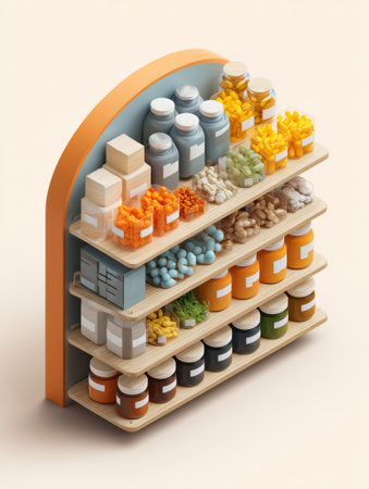 Shelves are filled with various kidney-safe supplements, displaying a variety of colors and shapes, promoting healthy living in an inviting environmentの素材