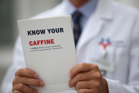 Medical professional holds educational pamphlet titled Know Your Caffeine while discussing caffeines impact on health in a clinical environment.の素材