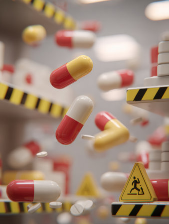Pills tumble from an open shelf, accompanied by warning signs indicating potential hazards in a vibrant and active healthcare environment.の素材