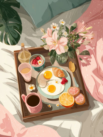 A weekend cozy morning features a breakfast tray filled with eggs, croissant, fruits, coffee, and a bouquet of flowers, perfect for relaxation.の素材