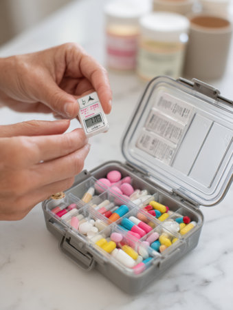 Hand reaches to lock medicine container as a digital reminder alert displays above, showcasing colorful pills organized inside the container.の素材