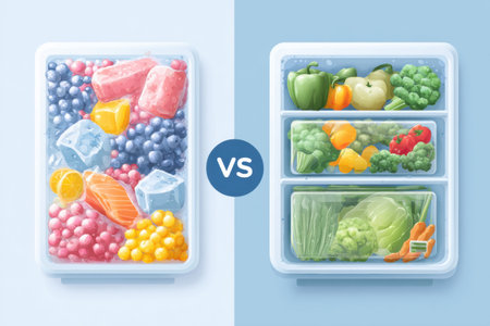 Infographic presents a side-by-side analysis of frozen and fresh fruits and vegetables, highlighting their nutritional differences for consumer understandingの素材
