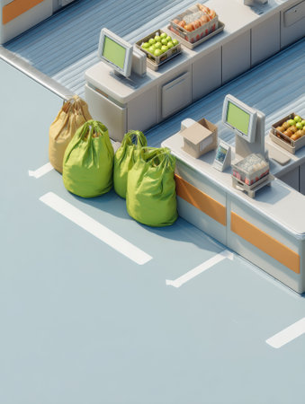 Grocery store pickup station showcases several bags prepared for collection, complemented by a tidy and organized environment.の素材