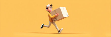 Energetic courier dashes playfully with a large delivery box in hand, set against a vibrant yellow backdrop, capturing a moment of fun and activity.の素材