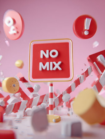 An animated banner displays do not mix signs alongside bright exclamation icons, creating a playful yet cautionary atmosphere in a lively settingの素材