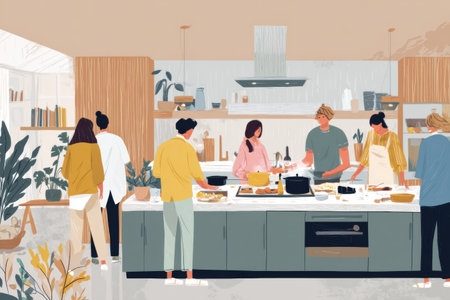 A group of friends collaborates in a stylish kitchen, preparing a delightful dinner together as they enjoy each others company during a weekend.の素材