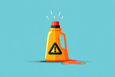 Bright illustration showing a bleach bottle with an alert signal on its side and a colorful spill on a blue backdrop, highlighting caution.の素材