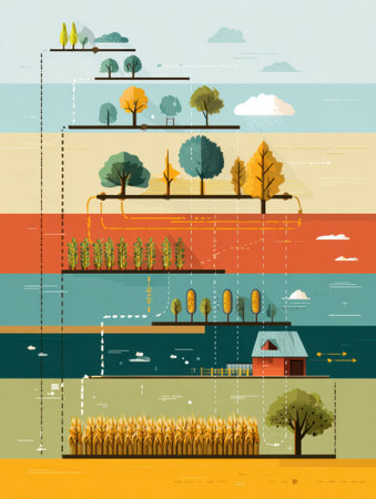 Visual representation of agricultural timeline showing processes from harvesting crops to freezing and serving.の素材