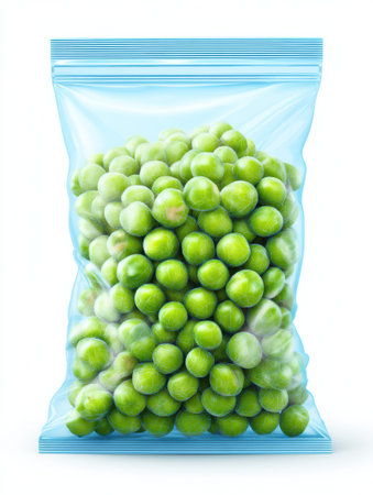 Vibrant 3D rendering of frozen peas in a resealable bag, showing their bright green color and readiness for easy meal preparation anytime.の素材