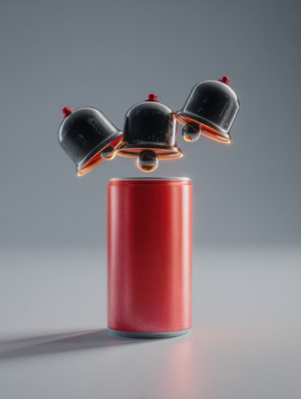 Floating alarm bells surround a red energy drink can, showing a modern and minimalistic design with a focus on smooth textures and gentle shadows.の素材