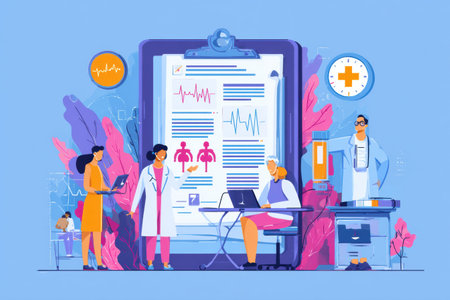 In a well-lit environment, healthcare professionals engage in an online consultation, surrounded by digital health records and medical devices for patient care.の素材