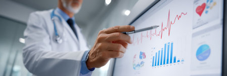 Medical professional discusses kidney health metrics using charts on a digital screen in a clinical environment, aiming to educate the patient.の素材