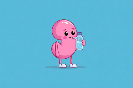 A cheerful kidney character enjoys a refreshing drink of water while standing against a bright blue backdrop, showcasing a minimal cartoon design.の素材